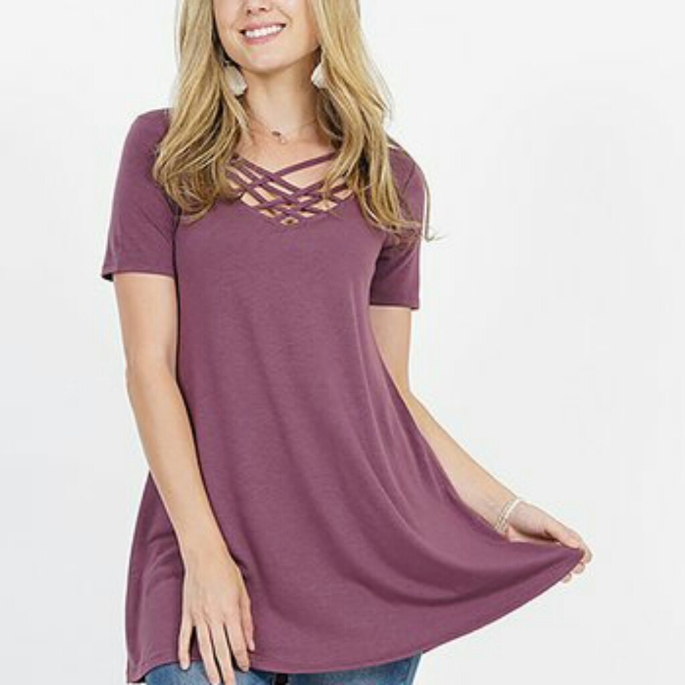 Lydiane Plum Lattice Neck Tunic Sz L